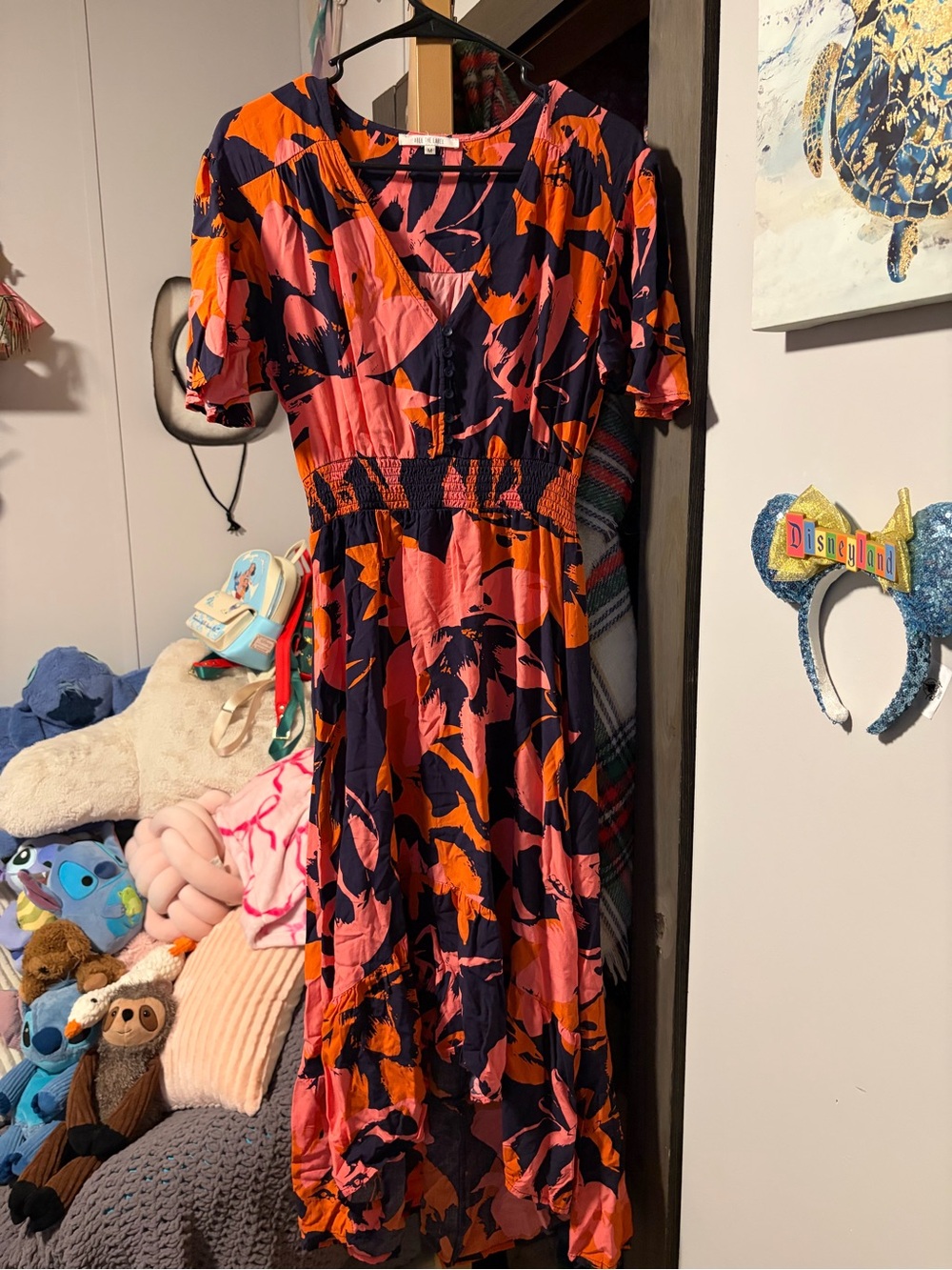 Vibrant Floral Midi Wrap Dress - Pink, Orange & Navy